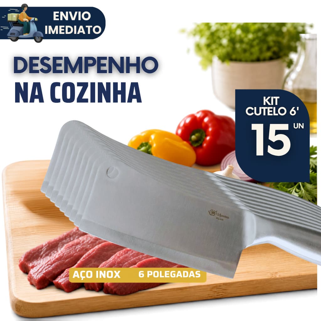 Kit 15 Faca Cutelo Aço Inox 6 Polegadas Profissional Açougueiro Corta Osso Carnes Churrasco Cozinha