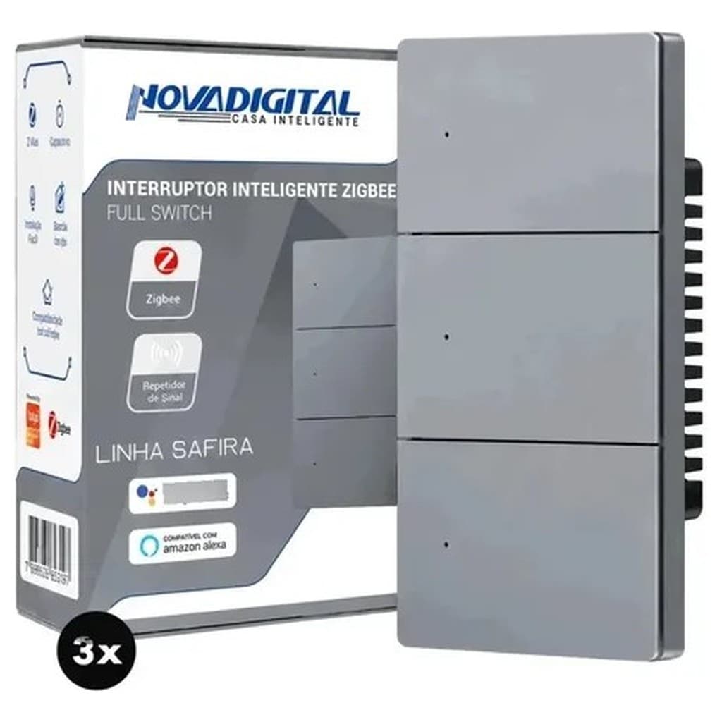 Kit 3 Interruptor Inteligente 3 Teclas Novadigital Safira ZigBee 10A 127 220V Cinza Escuro Compatível Alexa Google Tuya