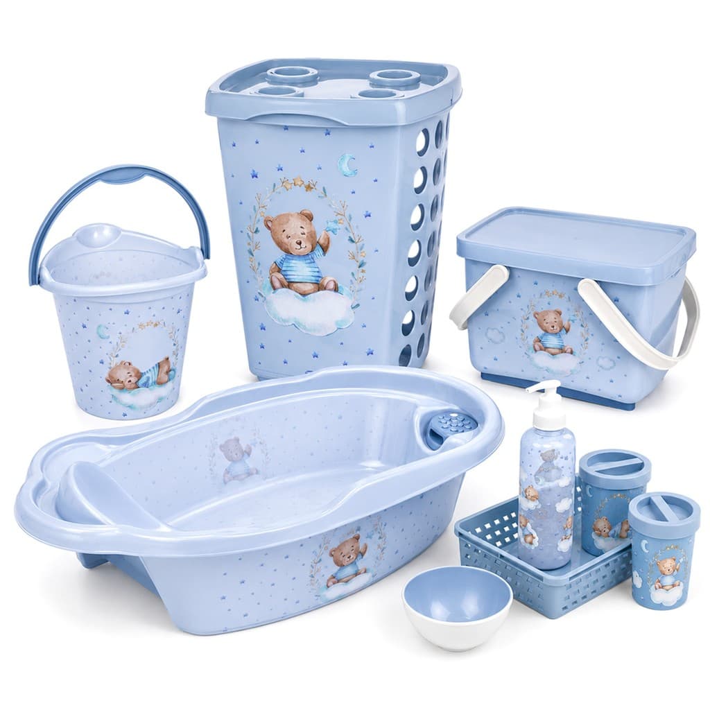 Kit Luxo Urso Azul Para Bebê 9 Peças Banheira Cesto 38L Balde 8L Caixa Higiene - Plasútil