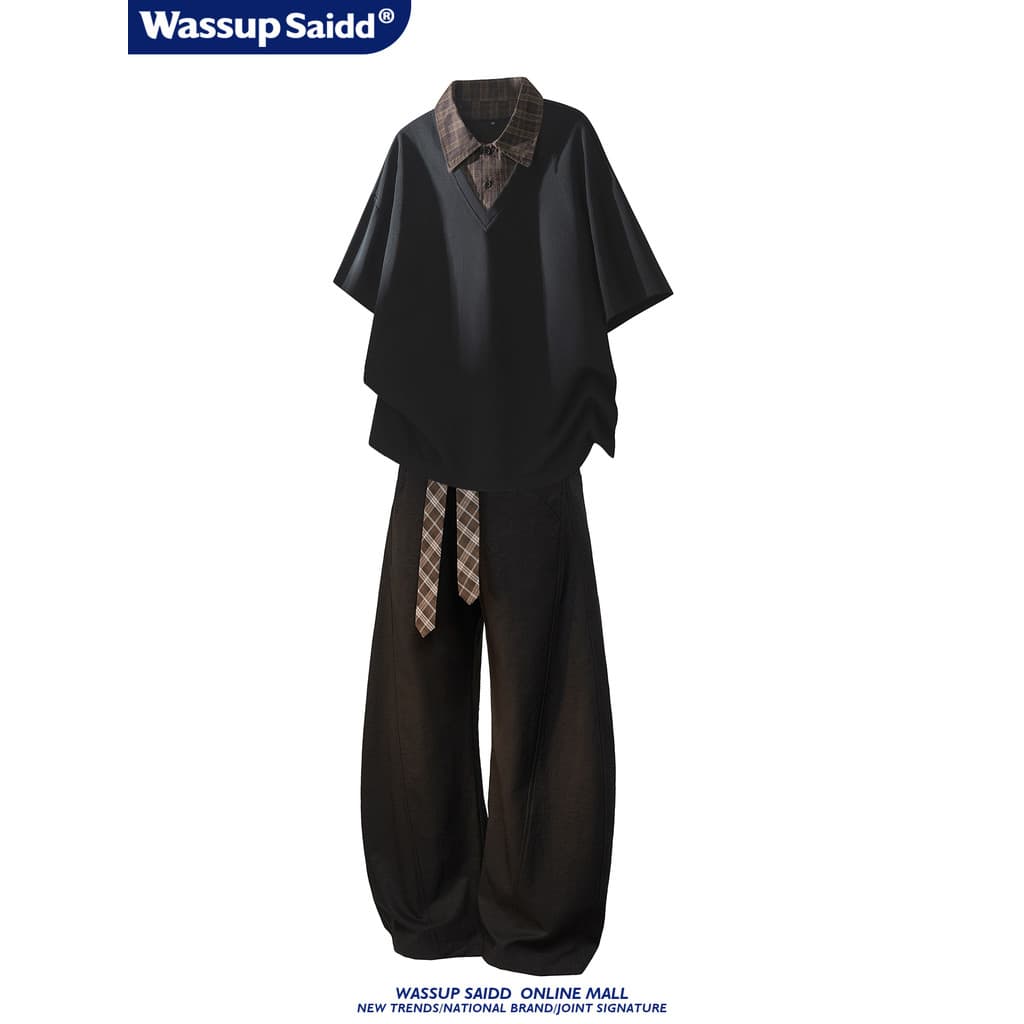 WASSUP SAIDD Terno de verão de alta qualidade camisa polo de manga curta falsa camiseta de duas peças calças masculinas