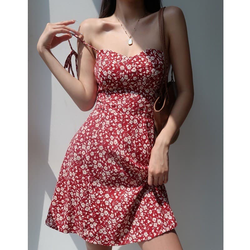 Vestido francês Retro menina com decote em V vermelho Floral estilingue vestido fino ajuste mais magro olhar cintura est
