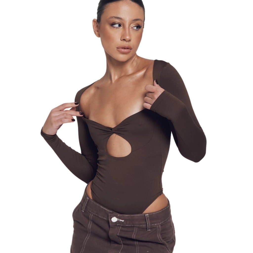 Body Feminino Amanda Marrom Elegante Casual Confortável Moda Feminina Versátil Estilo Moderno