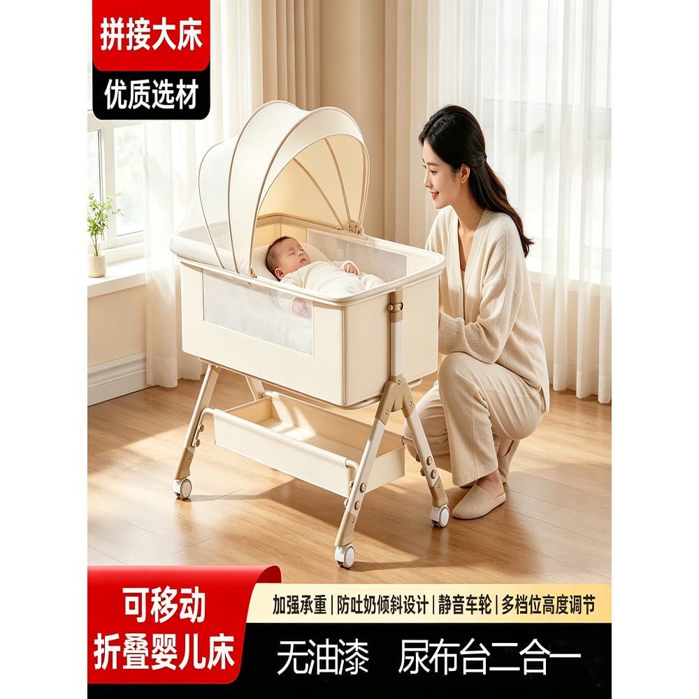 2026 novo estilo berço móvel multifuncional dobrável cama de bebê recém-nascido emenda cama berço portátil