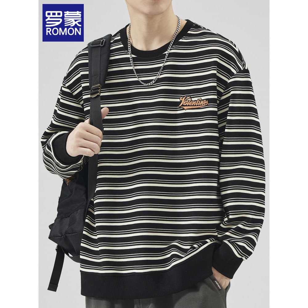 Lomon listrado moletom masculino primavera outono estilo americano rua Wear Base de manga comprida camiseta masculina so