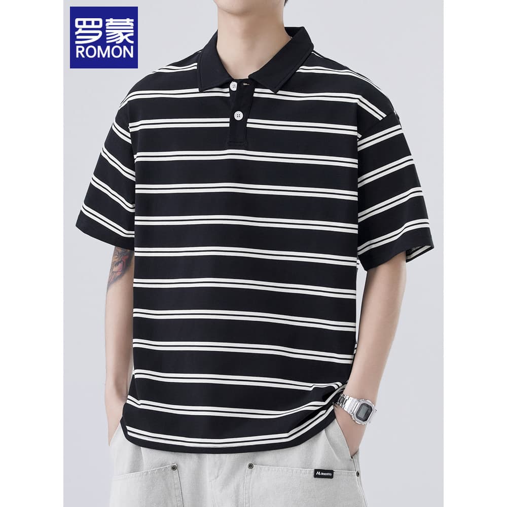 Lomon lapela camisa POLO de manga curta masculina verão estilo fino 2026 novo estilo solto listrado camiseta Casual roup