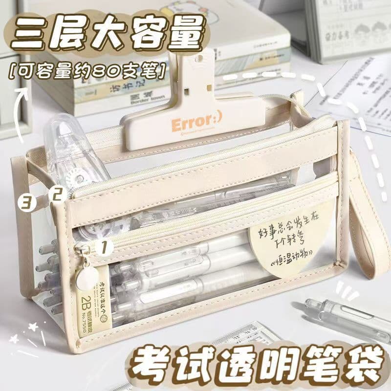 Estojo de lápis transparente e impermeável de três camadas, altamente atraente, para exames, estilo japonês e coreano, b