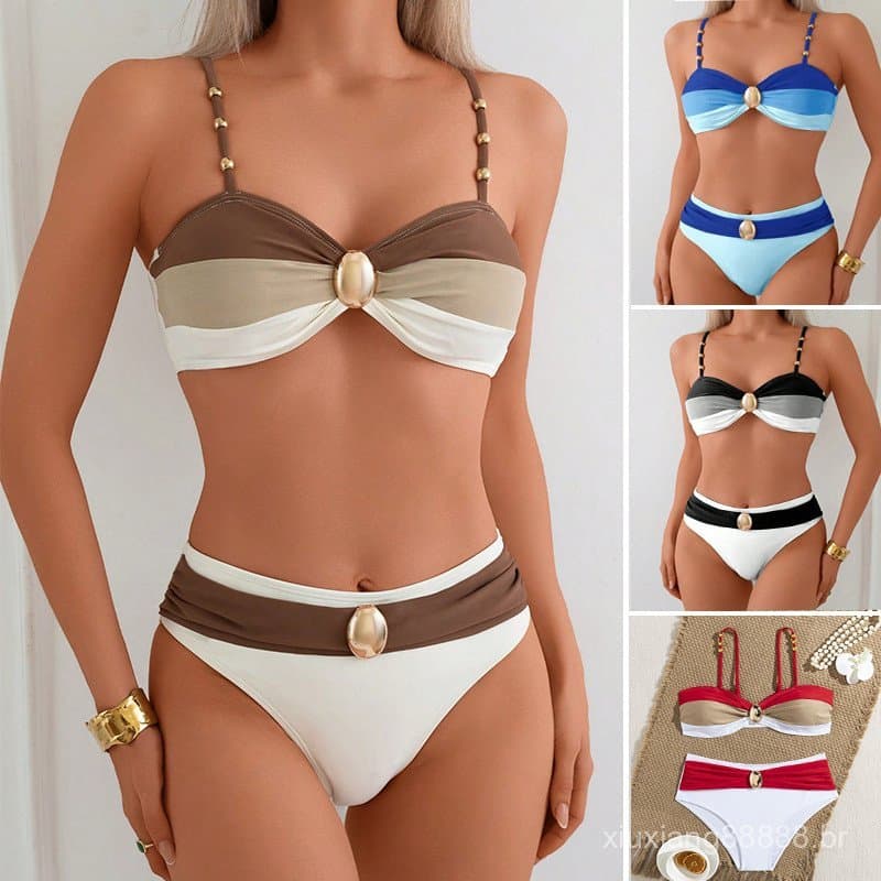 Conjunto de biquíni de cintura alta, com design em cores contrastantes, alças finas ajustáveis e acessórios de metal B1O