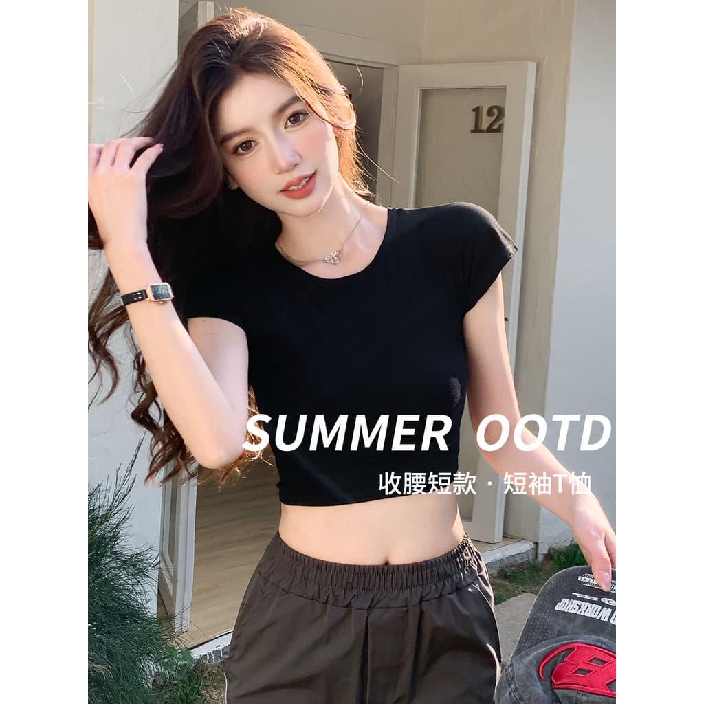 Menina quente de cintura estreita curta manga curta camiseta feminina verão fino 2025 novo estilo fino ajuste umbigo exp