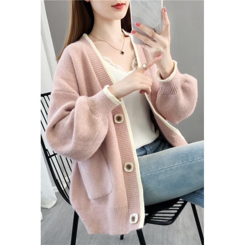 Camisola jaqueta feminina Cardigan solto estilo preguiçoso outono inverno novo estilo engrossado costura All-Match manga