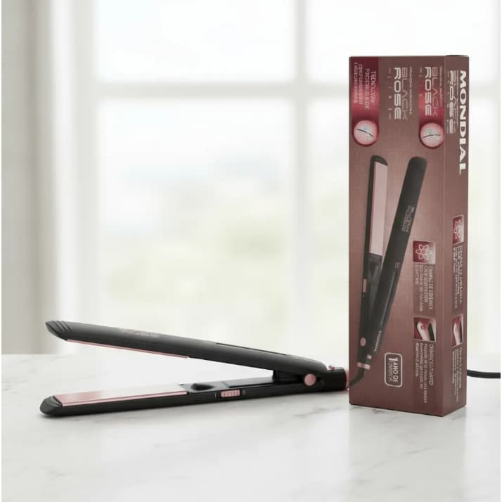 Prancha/Chapinha Alisadora Mondial Black Rose P-27 Cerâmica 220°C C/Emissão de Íons Bivolt.