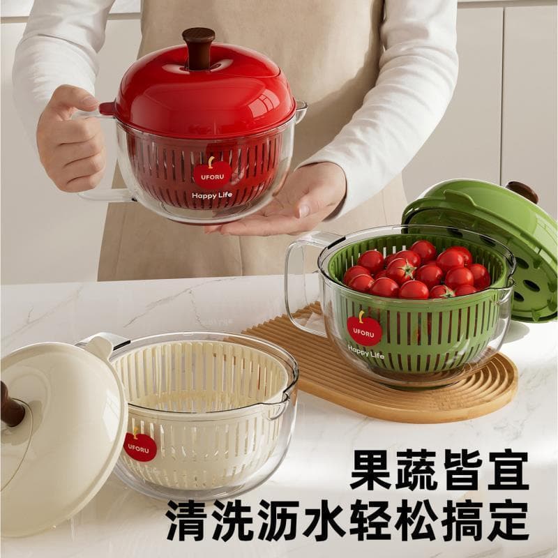Cesta de drenagem de camada dupla de maçã multifuncional com tampa cozinha doméstica desidratação de frutas vegetais fer