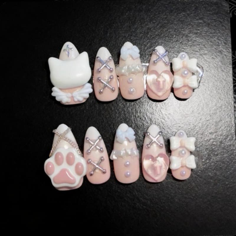 Jirai Kei Artesanal Imprensa Em Unhas Japonês Doce Menina Suave Vibração Arco Coração Cruz Pérola Gato Pata Asas Amêndoa