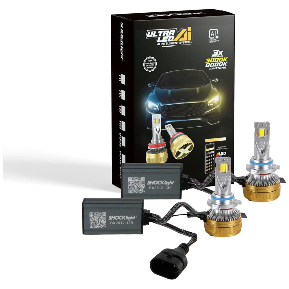 Kit par lâmpada ultra led AI shocklight hb4 5000lm 52 a 75w com aplicativo e sistema inteligente
