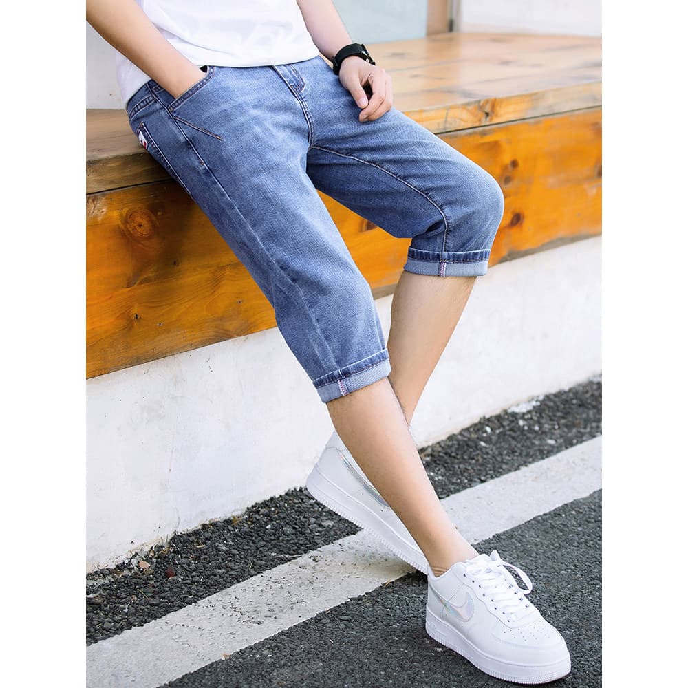 Calças cortadas masculinas Shorts Jeans masculinos verão fino calças de ajuste fino 2026 novo estilo Jeans de 7 pontos