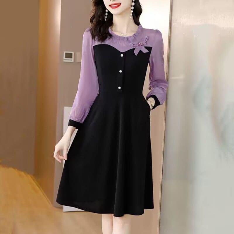 Tamanho grande Chiffon costura vestido primavera outono novo estilo gordura mm capa barriga mais magro olhar sobre o joe