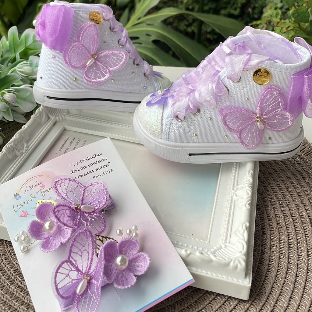 Tênis Menina Jardim das Borboletas Lilás ou Rosa Sapatinho + Par de Presilha Laço Decorado Festa
