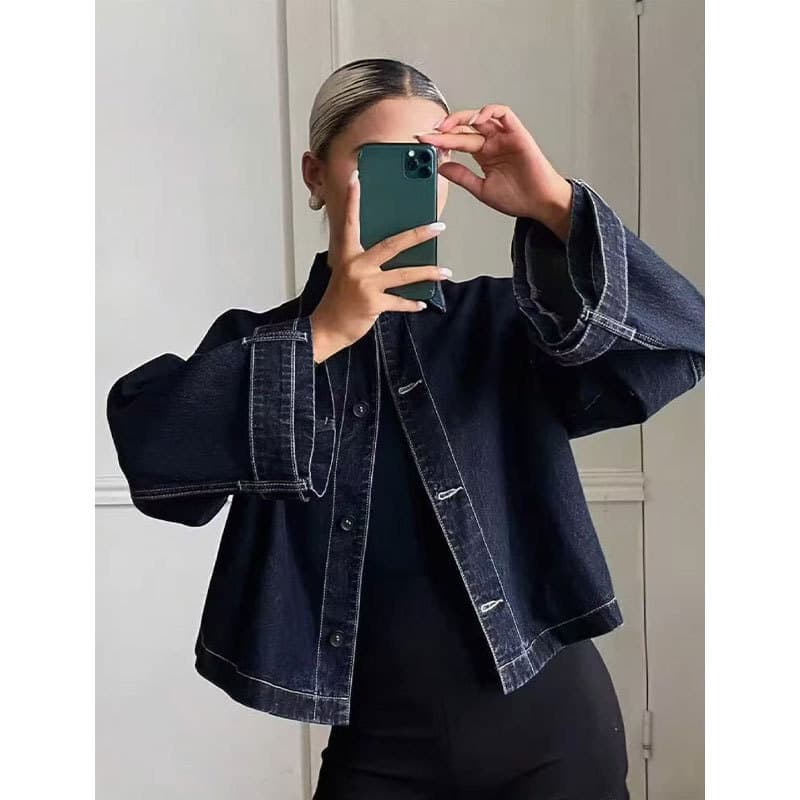 Jaqueta jeans de manga comprida com lapela azul escuro solta curta Topstitch contraste cor jaqueta Casual?Roupa de rua f