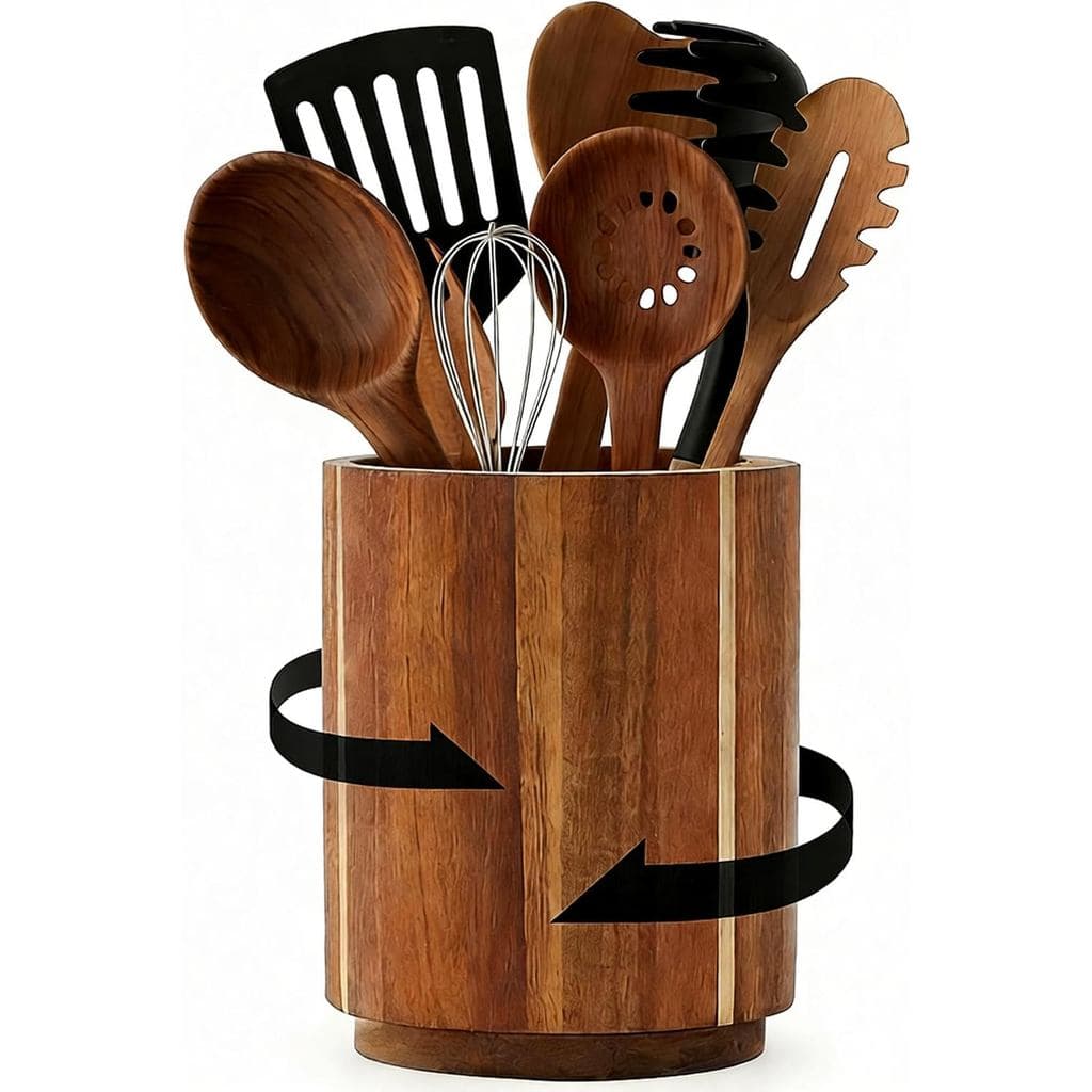 360 ° Suporte Giratório Para Utensílios De Cozinha Em Madeira De Acácia , Organizador De Ferramentas De Bancada De Grand