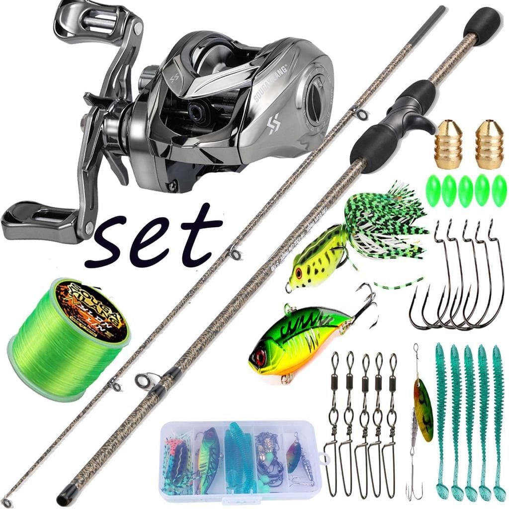 Kit de Pescaria Sougayilang Vara de pesca 1.80m 2 seções + Carretilha de pesca 7.2:1 + Linha de pesca + Isca de pesca