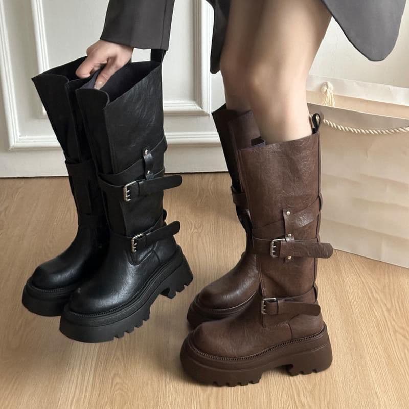 Botas femininas altas de cavaleiro, mas botas de joelho retrô aumentadas botas de sola grossa femininas, botas de Cowboy