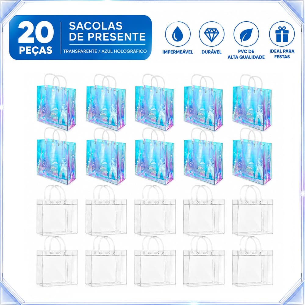 20 peças saco de presente transparente/azul Material PVC 15x13x7cm impermeável durável adequado para festa