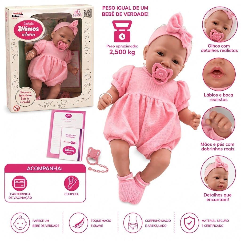 Boneca Reborn Brinquedo Infantil Bebê Verdadeiro peso real de nenem  acompanha chupeta e cartão de vacina