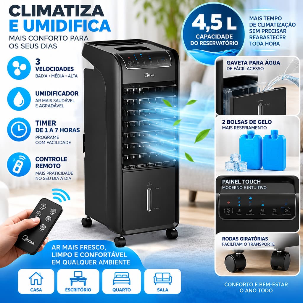 Climatizador De Ar Midea 4,5L Portátil Ventilador Umidificador AKAF 127V/220V