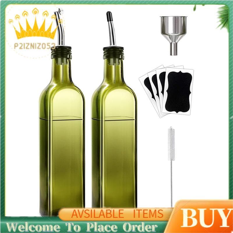 Conjunto De Dispensadores De Azeite E Vinagre De Vidro Verde (2 Pacotes) Com 2 Despejadores De Aço Inoxidável , 4 Etique