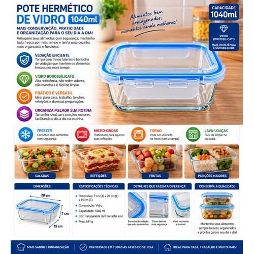 Pote Hermetico De Vidro Retangular 1040ml Tampa Vedante Organizador Alimentos Cozinha