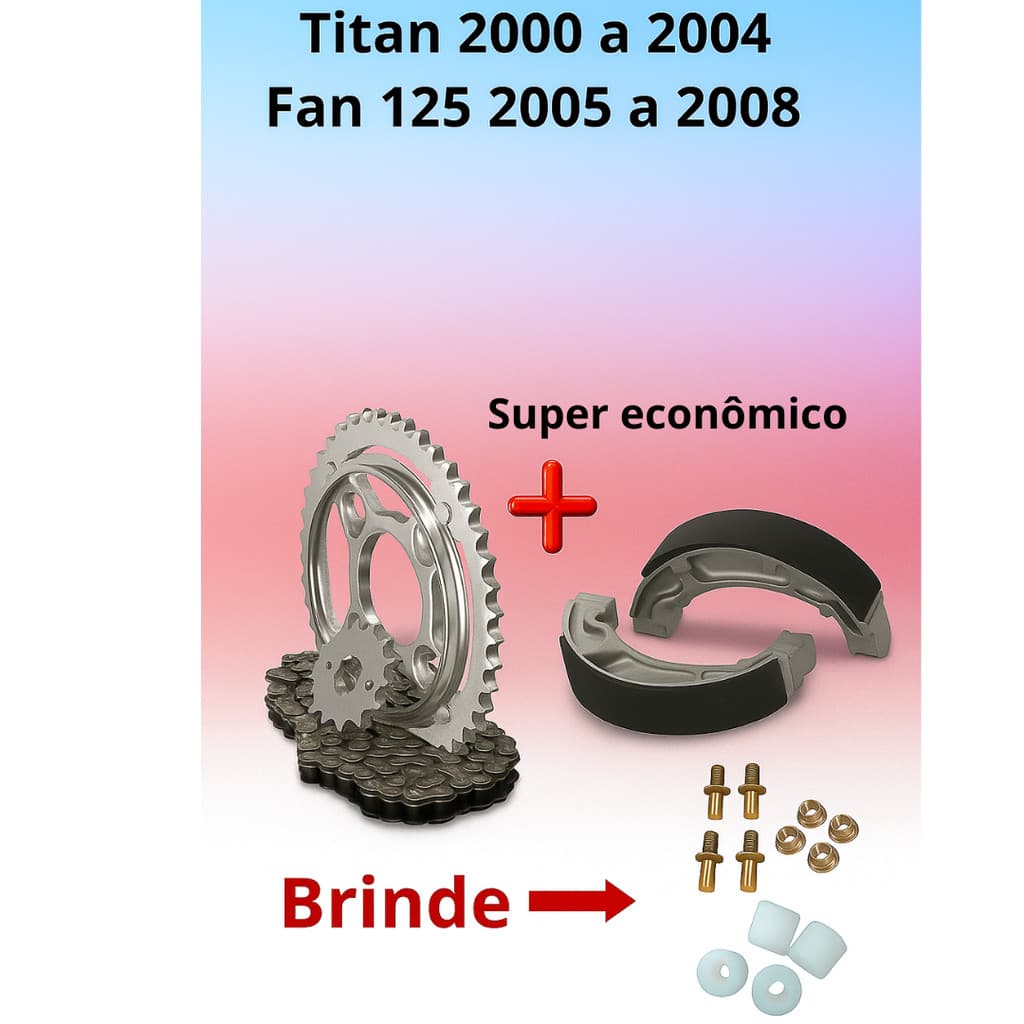 Kit Relação Transmissão Tração Completo CG Titan 125 2000 até  2004,FAN 125 2004 até 2008 aço 1045 Com Brinde