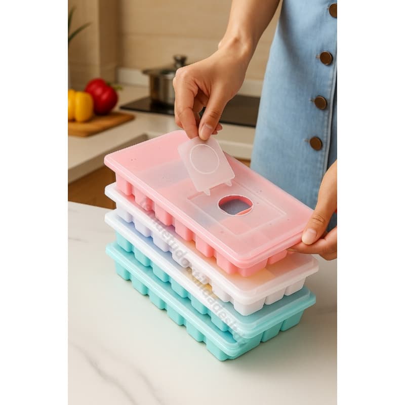 Forma de Gelo 16 Cubos Grandes com Tampa Silicone Flexível – Enche Fácil, BPA Free