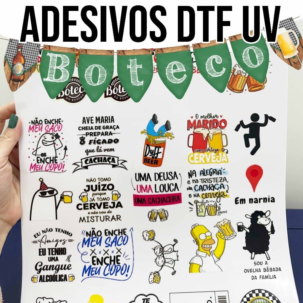 Adesivos DTF UV Imagens Boteco Festa, amigos. Ideal para personalizar copos.