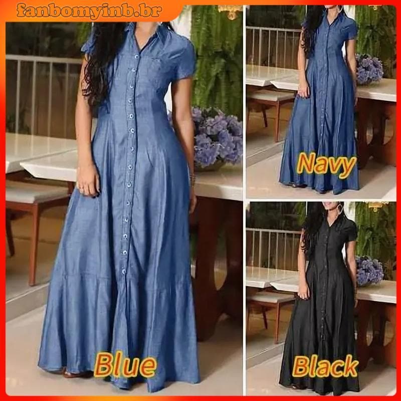 [WM] Vestido Jeans Feminino De Peito Único Com Bainha Babados E Bolsos Justos Longo Elegante Evasê Para Uso Casual Desig