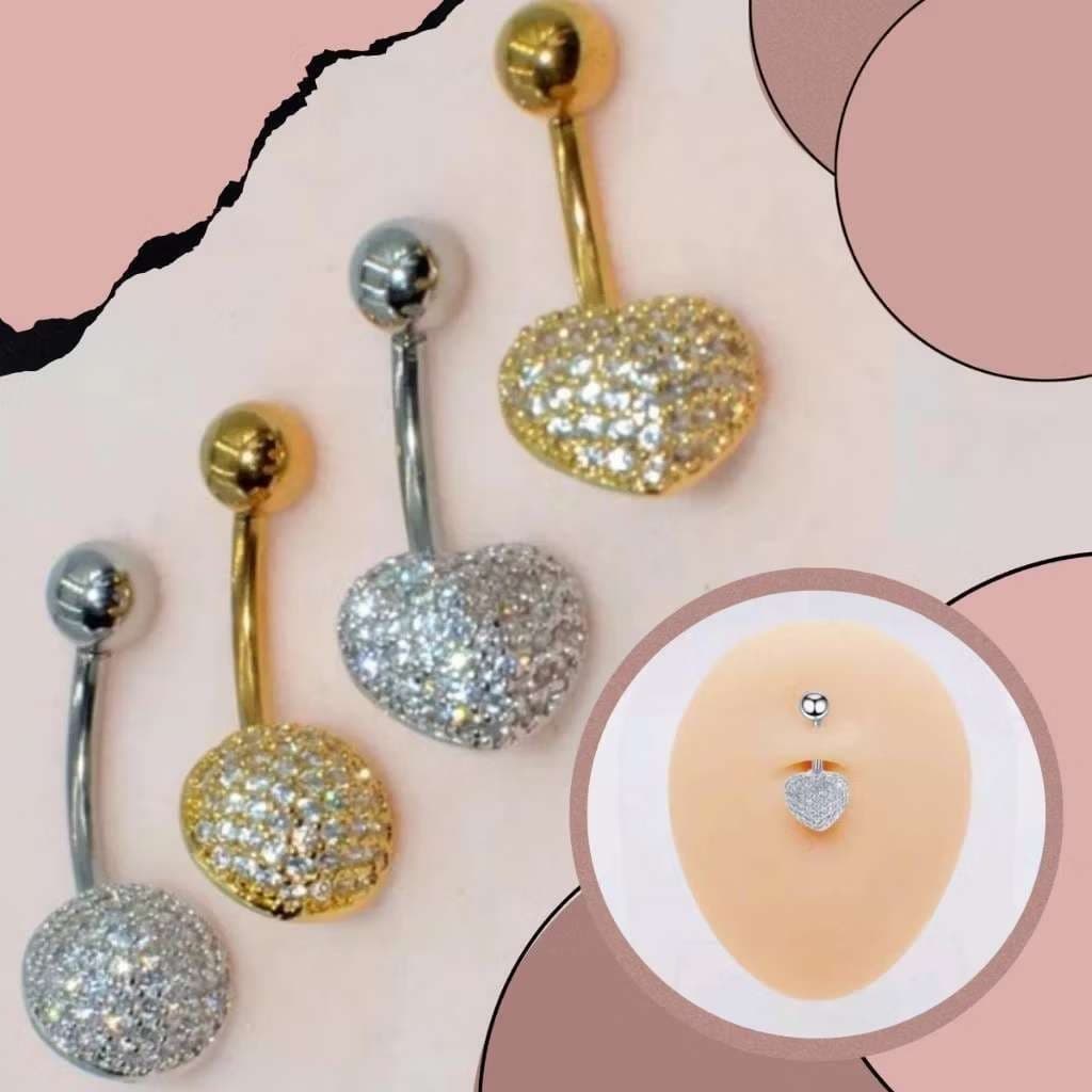 Piercing de umbigo com unha do umbigo, coração e zircônia brilhante