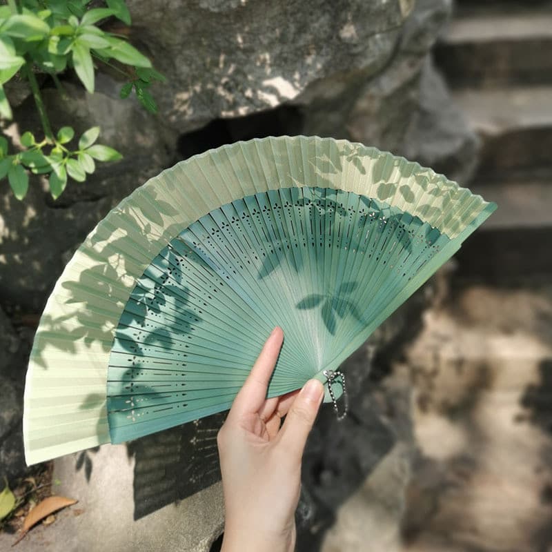 Leque antigo dobrável, estilo chinês, verão, Hanfu, Cheongsam, leque dobrável, pequeno leque de bambu, dança, verde
