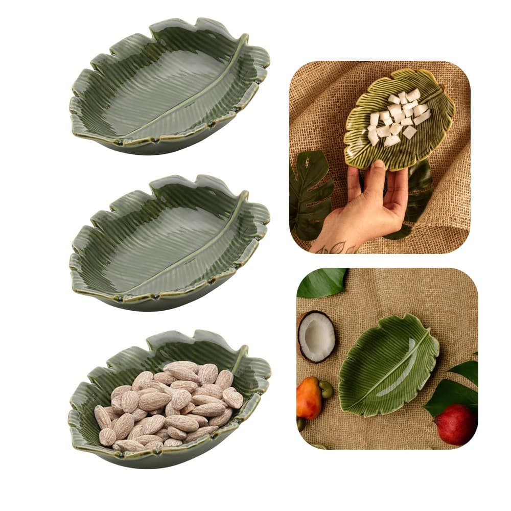Kit 3 Mini Petisqueira Travessa Folha Decorativa de Cerâmica Banana Leaf Verde Lyor 16x12x4cm