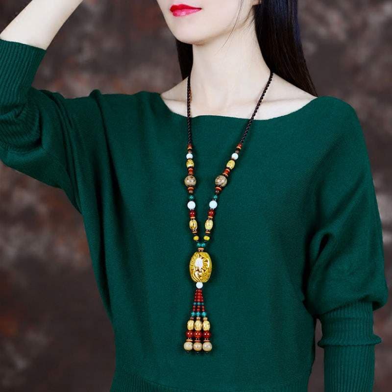 Estilo étnico camisola corrente colar cerâmica borla ágata moda senhoras Retro pescoço acessórios decorações primavera v