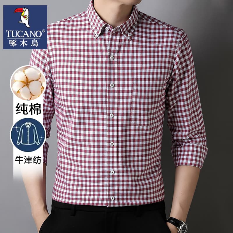 Woodpecker primavera outono masculino puro algodão Oxford girando xadrez camisa de manga comprida de meia-idade idosos n