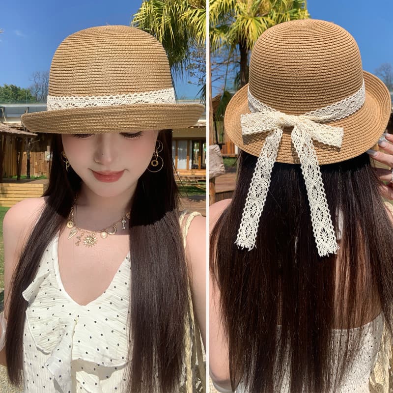 Hepburn estilo francês chapéu de palha chapéu superior feminino verão Retro rosto-olhando pequeno Curling guarnição esti