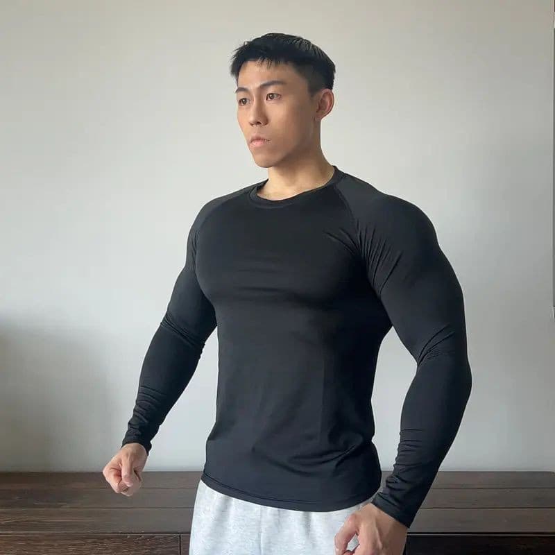 [Roupas de fitness elásticas grandes] Esportes de secagem rápida, manga comprida, respirável, Slim Fit, corrida, fitness