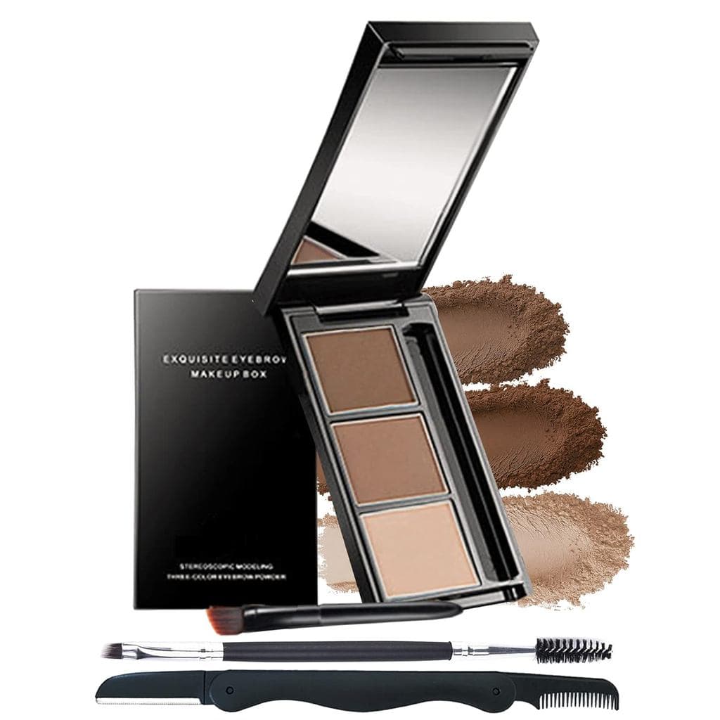 Kit de Maquiagem para Sobrancelhas - Paleta de Pó para Sobrancelhas em 3 Cores, Longa Duração e à Prova d'Água, Preenche