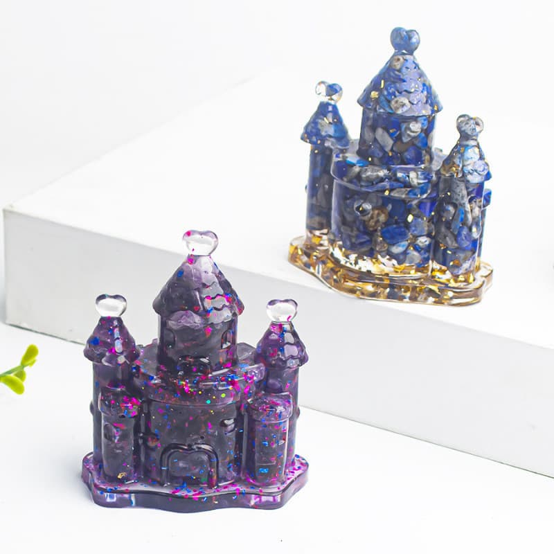 Castelo de conto de fadas em resina com cascalho de cristal natural, ornamento decorativo para e escritório, presen