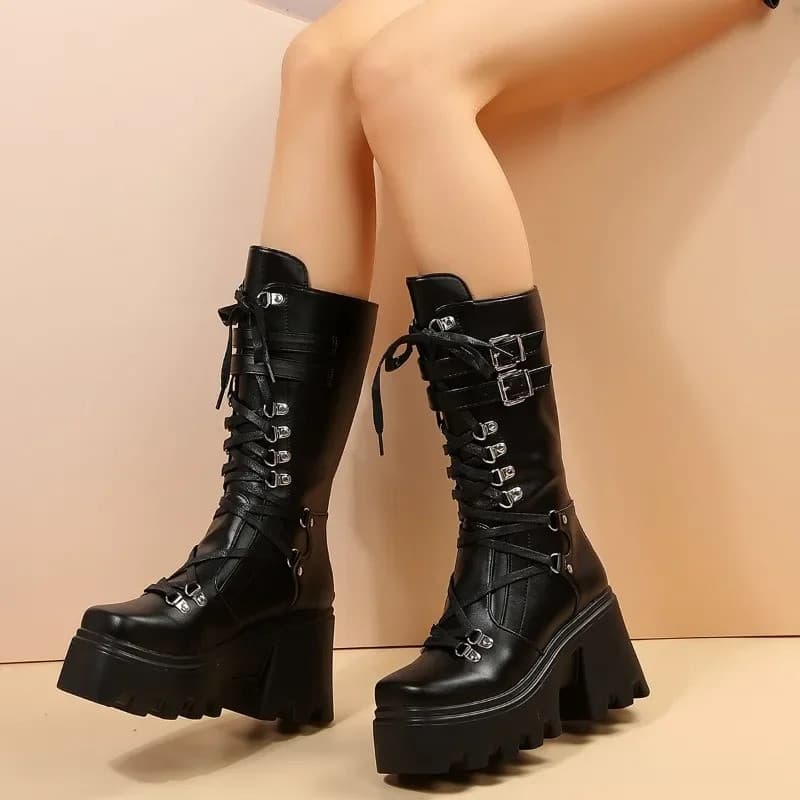 Inverno 2026 Novas Botas Femininas de Cano Médio com Cadarço, Plataforma Alta e Salto Anabela, Botas Femininas de Cor Só
