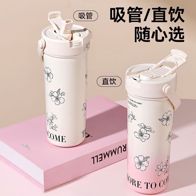 Thermos Water Bottle Copo Térmico Aço Inox 316 Simples Portátil Com Canudo Para Mulheres Estudantes Escola
