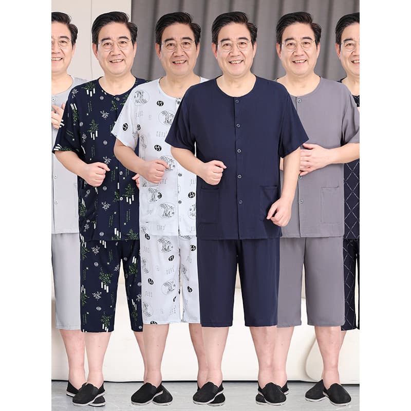 Cardigan masculino de seda de algodão para idosos de meia-idade terno vovô verão fino calças cortadas de manga curta pij
