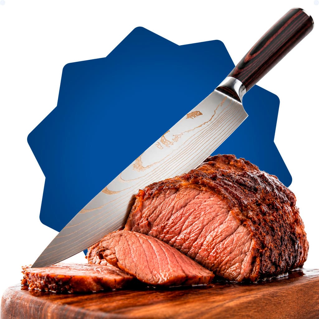 Faca Chef Carne de Cozinha Para Cortar Churrasco Com Bainha E Cabo de Madeira Aço Damasco