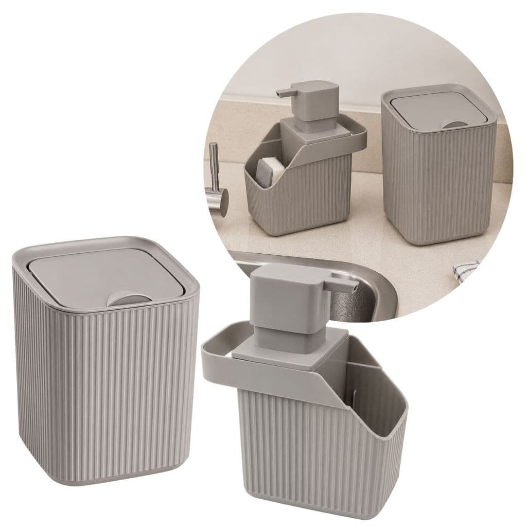 Kit Organizador para Pia de Cozinha 2 Peças Cinza Canelado Prime Porta Detergente e Lixeira 3 Litros