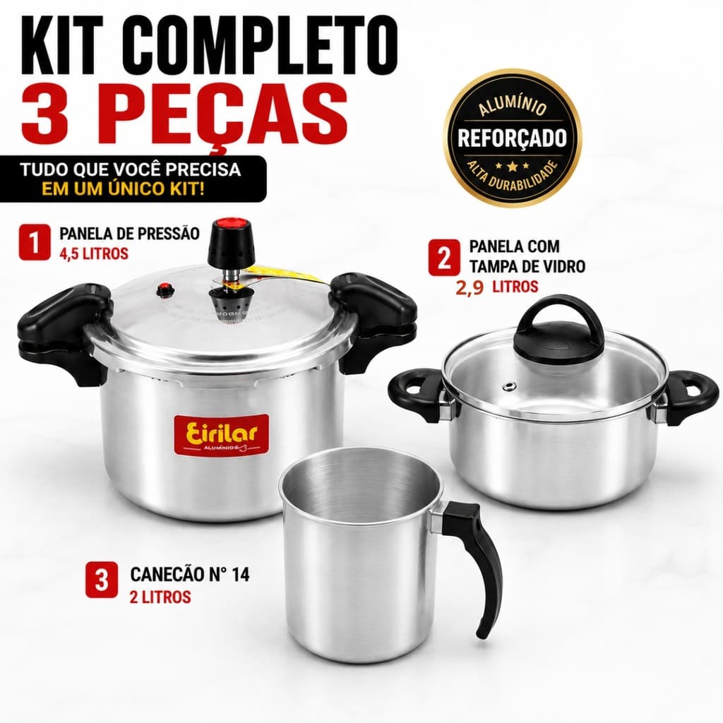 Kit Jogo 3 Peças Panela de Pressão Alumínio Fechamento Externo 4,5 L Grosso Reforçado Tampa de Vidro