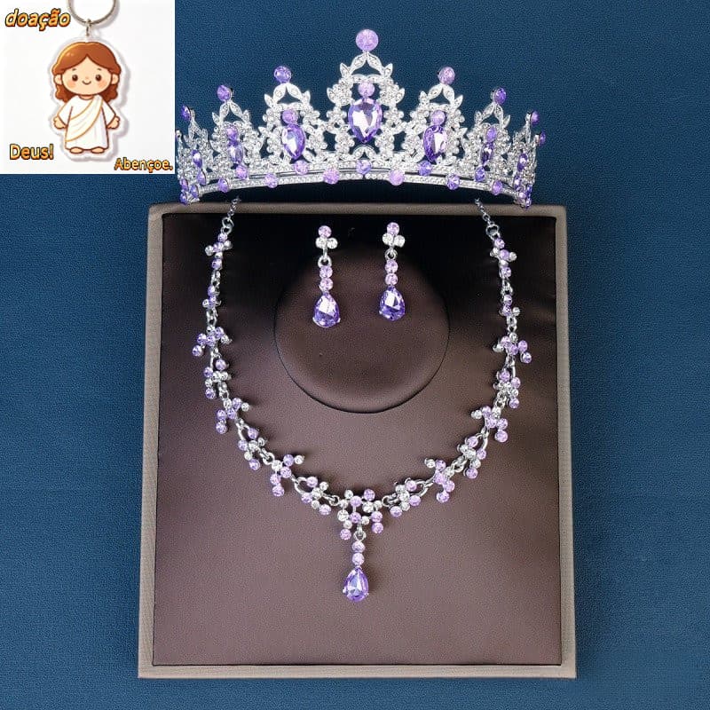 Conjunto De 3 Peças De Cerimônia Adulta Coroa Roxo Strass Colar Brincos Decoração De Casamento Joias De Noiva