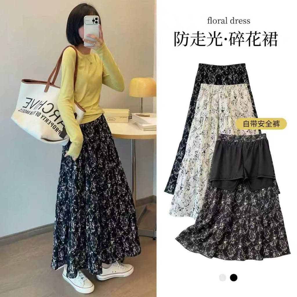 Saia Floral plissada de Chiffon verão estilo fino Anti-reflexo cintura alta saia evasê estilo francês preguiçoso esconde